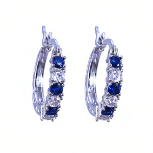 Orecchini a Cerchio E109 in Argento 925 Placcato Rodio con Lapislazzuli, Montatura a Griffe, Classici da Donna per Uso Quotidiano - Product Image 1