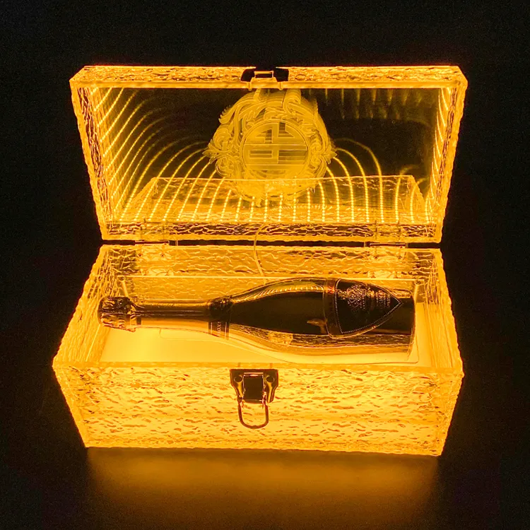 กล่องอะคริลิคกล่องของขวัญบาร์ไฟ LED กระจกสำหรับนำเสนอขวดไวน์แบบเดี่ยวโลโก้ตามสั่ง
