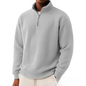 Factory Wholesale Custom Men's Waffle 1/4Zip <strong>Neck</strong> Pullover <strong>Jumper</strong> Pure Color Long Sleeve <strong>Polo</strong> Shirt Knitwear Men Pullover - Product Image 2