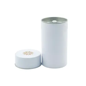 卸売無料サンプル空の背の高い丸いシリンダー白いマット二重蓋気密金属コーヒーボックス茶缶
