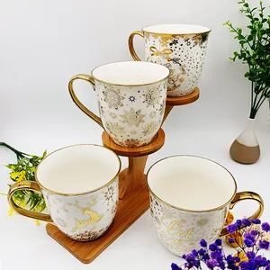 Wholesale full golden sublimation decal 570ML capacity electroplate handle luxury ceramic Tea cup with gift set pack