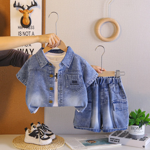 Nouveauté été, vêtements pour enfants décontractés, ensembles de vêtements pour garçons en coton à motifs de dessins animés, t-shirt sans manches + chemise en jean + short en jean, 3 pièces - Product Image 3