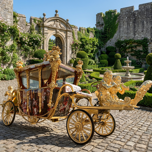 Calèche royale électrique de luxe entièrement dorée avec statues dorées et décorations peintes à l'huile, véhicule de tourisme vintage fermé sans chevaux - Product Image 1