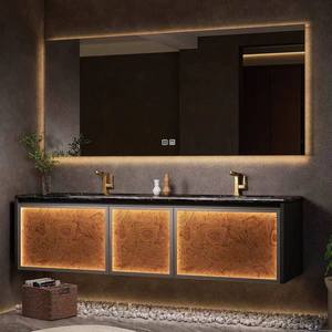 Meuble de salle de bain en bois massif avec lavabo en céramique, miroir intelligent et panneau mural en pierre, personnalisé pour hôtels de luxe haut de gamme - Product Image 2
