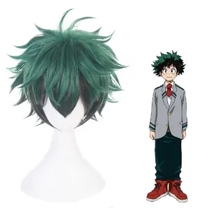 Grosir My Hero Academia Wig Anime 35cm pendek hijau hitam campuran Midoriya Izuku Wig Cosplay rambut pesta sintetis