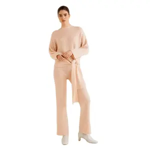 Neues Design gestrickte Top-Hosen Outfit Frauen Anzug solide Blet gemütlich lässig Strick pullover Set für Mädchen Dame