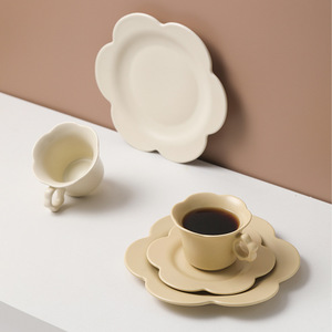 Adorable Flower Blossom Design Ceramic Tea Cup Saucer Set Exquisite Pure Color Glaze AfternoonTableware Set - Product Image 1