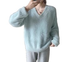 Japanischer Stil Entspannter Weicher Lässiger Pullover/Mantel Design Winter Neu Kunstnerz-Samt V-Ausschnitt Dicker Einfarbiger Strickpullover