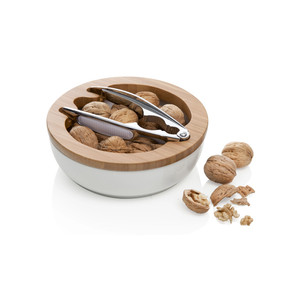 Ciotola in porcellana bianca con coperchio in bambù e design a conchiglia - Product Image 1