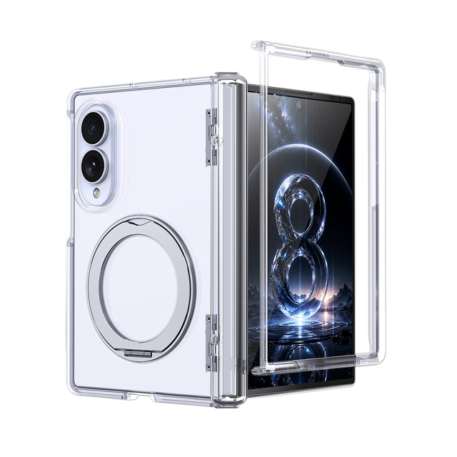 Magnetic Hinge 360-Degree Rotating Stand with Wireless Charging for SAM Z Fold 8 Wide PC Material Transparent Design Fold Case