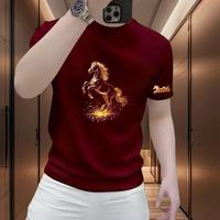 T-shirt à manches courtes col rond imprimé cheval B43, sensation de luxe, collection Année du Cheval, pour homme, polyvalent, décontracté, à porter en dessous ou en dessus