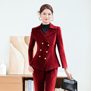 Women's <b>Red</b> Velvet Suit Set 2025 Double Breasted Warm Workwear Commute Outfit - Product Image 4