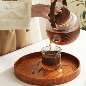 Japanese Style Wooden <b>Tray</b> Round Oval With Flower Pattern For Home <b>Tea</b> Serving Custom Logo Available - Product Image 3