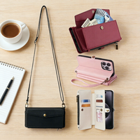 Étui portefeuille en cuir PU avec bandoulière, fermeture éclair, porte-cartes et rabat pour iPhone 13 14 15 16 17 Pro Max – Coque antichoc