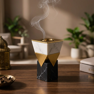 Luxury Geometric Marble And Metal <b>Bakhoor</b> Burner Incense <b>Oud</b> Dhoop Holder For Home Decor And Gifting - Product Image 4