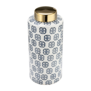 Vaso Decorativo in Ceramica con Motivo Blu e Coperchio Dorato per Soggiorno, Camera da Letto e Sala da Pranzo - Product Image 2