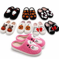Sandal Halloween untuk Wanita Pria Pasangan, Sandal Rumah Dalam Ruangan Kamar Tidur, Sandal Rumah Hangat Berbahan Plush Bentuk Hantu dan Tengkorak, Pengiriman Cepat Anti Selip