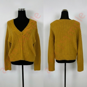 <strong>Women's</strong> Deep V-Neck Knitted Sweater <strong>Mustard</strong> Yellow Mohair-Like Fuzzy Pullover Vertical Seam Slouchy Ribbed <strong>Jumper</strong> - Product Image 5