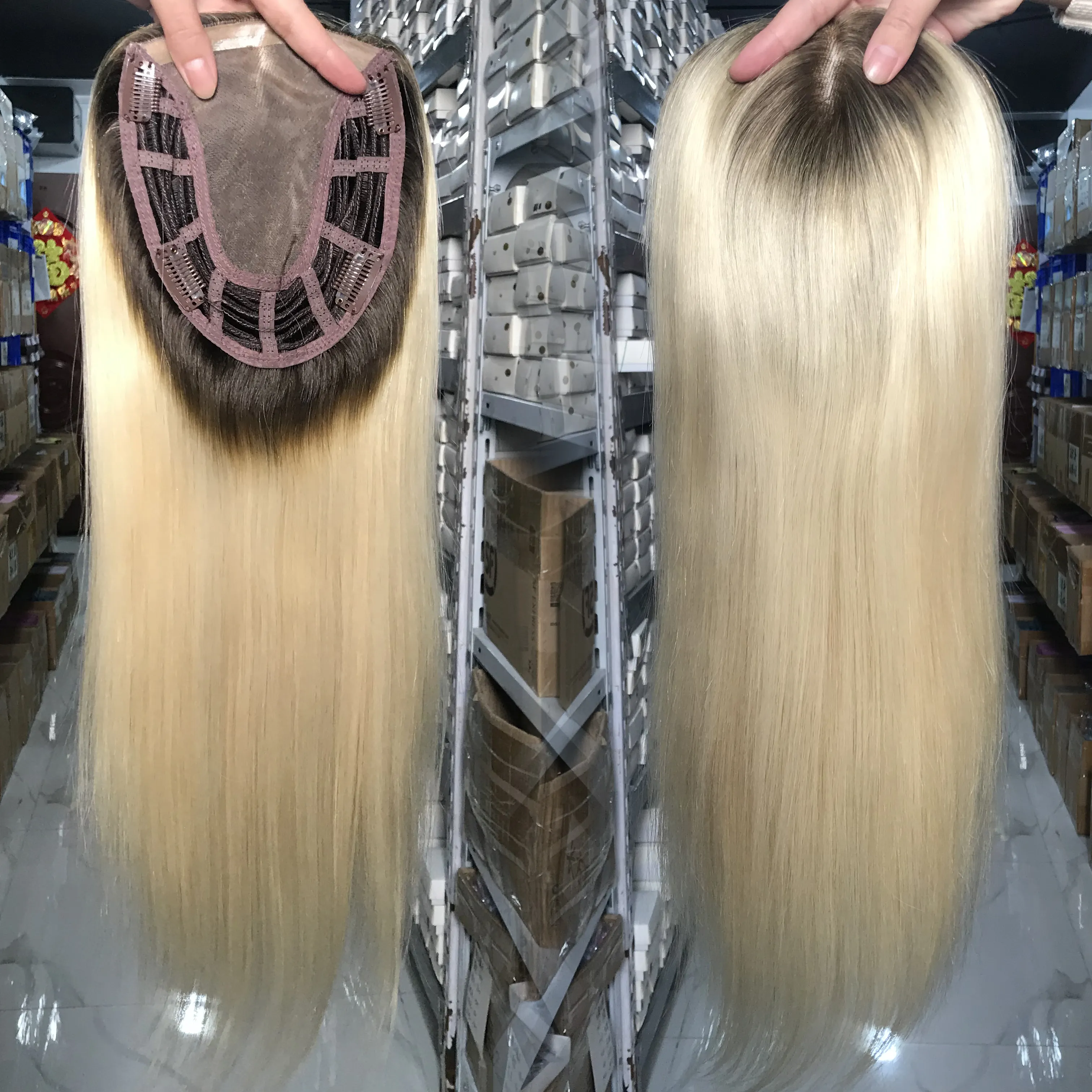 Yeni stok Mono baz makine yapımı atkı klip ile 100% manikür hizalanmış beyaz kadınlar için işlenmemiş insan saçı Topper yedek peruk
