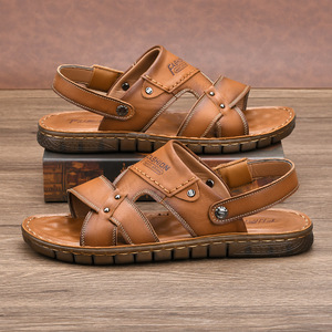 Sandales pour hommes à brides croisées en cuir de vachette première couche, bout ouvert, semelle extérieure en caoutchouc, respirantes, chaussures décontractées d'été - Product Image 3