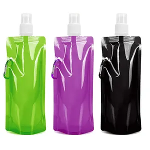 500 мл бутылка для питьевой воды с логотипом на заказ, Складные бутылки для воды, спортивные сумки для воды с карабином для кемпинга