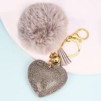 Porte-clés Cœur Scintillant en Strass avec Pompon en Fourrure pour Femme, Breloque de Sac Esthétique en Cristal, Cadeau de Luxe, Vente en Gros