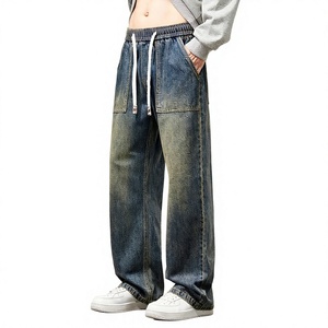 Mens Loose Fit Drawstring Wide Leg Washed Blue <b>Jeans</b> Casual Vintage Tinted Patch Pocket Denim Pants Streetwear <b>Soft</b> 100% Cotton - Product Image 3
