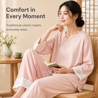 Ensemble de pyjama 2 pièces en fibre de bambou double gaze style chinois pour femme, pull à manches longues et pantalon long, vente en gros