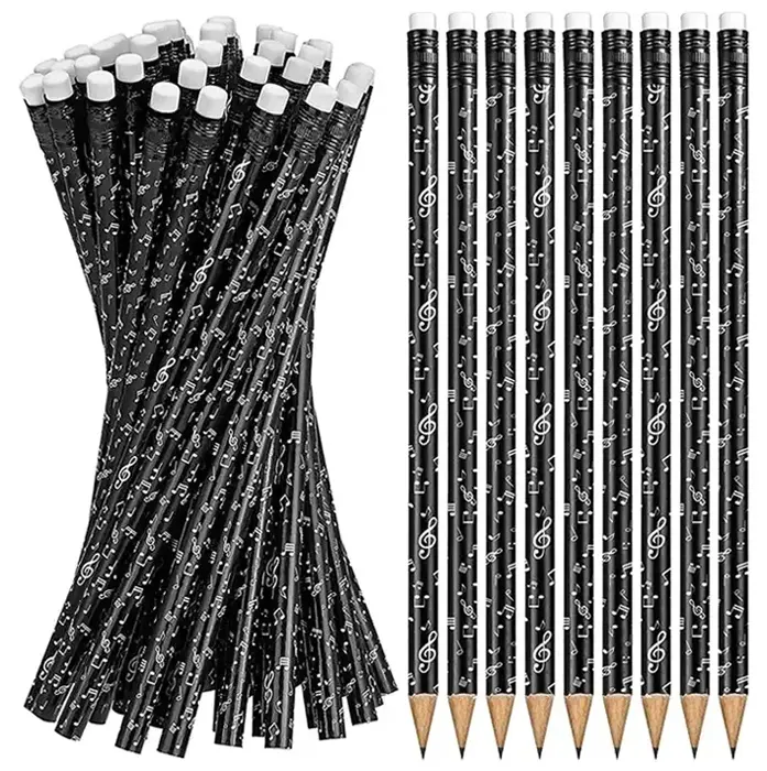 Pemasok Harga Terbaik dihiasi penghapus hitam bulat pensil kayu yang berbeda catatan musik pola desain untuk promosi