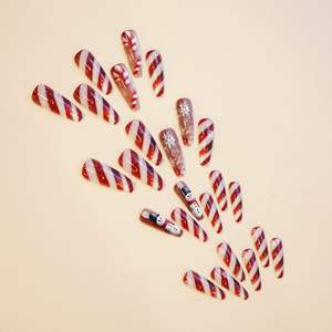 WM-311 rouge blanc rayé Long T <span class=keywords><strong>ongles</strong></span> conseils portable noël neige bonhomme de neige ligne décoration 24 pièces doigt en gros - Product Image 4