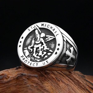 yunnique St Michael Angel Wings Cross <b>Titanium</b> Steel <b>Ring</b> Men's Fashion Jewelry Gift - Product Image 3