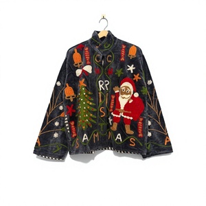Manteau d'hiver pour femme en velours brodé de Noël, respirant, 100% coton, col mandarin, manches longues, broderie à la main - Product Image 1