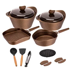 16-piece Spanish Style Cookware Set Frying Pan Soup Pan Combination brown Color With Wood Grain Handle
