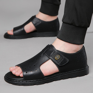 Sandales plates pour hommes en cuir véritable à motif uni, bout ouvert, semelle en caoutchouc respirante, chaussures décontractées d'été avec sangle Velcro - Product Image 3