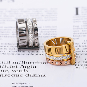 yunnique Fashion Trend Retro Exaggerated Women's <b>Titanium</b> Steel Diamond Three <b>Ring</b> Roman Numeral <b>Ring</b> Party Jewelry - Product Image 3