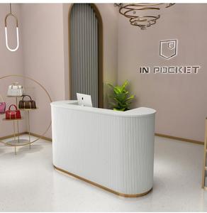 Modern Luxury <strong>Pink</strong> Reception Counter Stylish <strong>Beauty</strong> <strong>Salon</strong> Furniture Optional Color Glass Material Factory Sale Office Hotel Use - Product Image 3