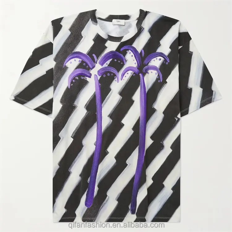 Custom loose fit palm tree printed zebra stripe t shirt for men
