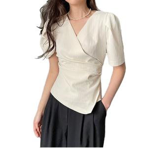 Blusa Elegante Formal para Mujer, Cuello en V, Manga Raglán, Estilo Cruzado, Color Sólido, Chifón Transpirable, Manga Corta, Primavera/Verano - Product Image 1