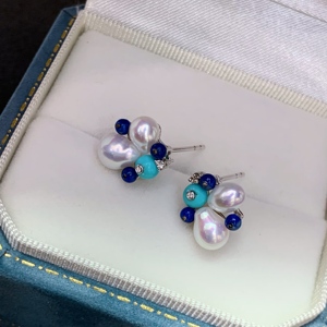 Artisan Designer Irregular Baroque S925 Sterling <b>Silver</b> <b>Stud</b> <b>Earrings</b> With Lustrous Freshwater Keshi Pearls Inlaid Matte Natural - Product Image 3