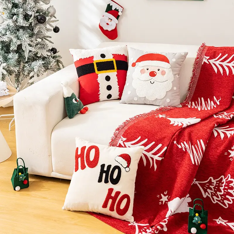Factory Direct Sale Cute Christmas Santa Claus Red Embroidered Pillow Case Cushion Cover For Sofa Living Room Holiday Home Decor