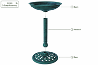 Bain d'oiseaux en résine plastique verdigris, résistant aux intempéries, pour extérieur, sur piédestal, écologique, design Art Déco solaire, léger, pour jardin