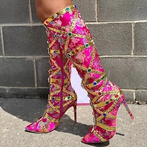 Colorful Diamonds Women's Knee High <b>Boots</b> Pointed Toe Metal Decor Glitter Long Booties Embroidered on Stiletto Heels - Product Image 1