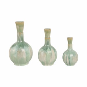 Set di 3 vasi decorativi in ceramica con coperchio, smaltati verde, per soggiorno, camera da letto, ufficio. - Product Image 2