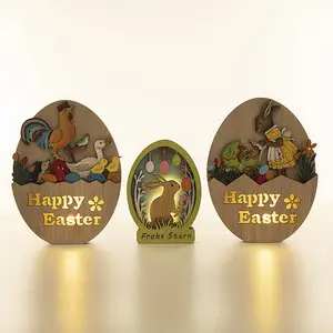 Nouveau bois de pâques artisanat lapin oeuf forme ornement nordique maison ornement en bois décoration lumineuse avec LED