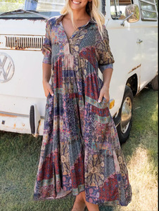 TA 2025 Casual dolce ampio scollo a V barba manica media abito lungo stampato appeso per le donne MN3424 - Product Image 4