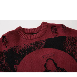 Wholesale Distress Vintage Oversize Cropped Top <strong>Hoodie</strong> for <strong>Men</strong> Grim Reaper Ripped Knit Sweater <strong>Burgundy</strong> - Product Image 5