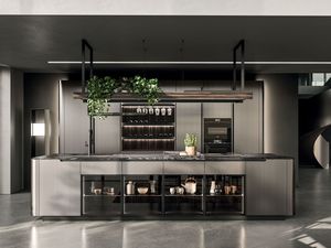Mueble de Cocina Moderno de Acero Inoxidable con Puerta de Vidrio y Diseño de Isla Integrada para Hogar Contemporáneo - Product Image 1