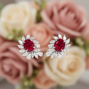 Orecchini classici con rubini, design a fiore, diamanti taglio marquise con montatura a griffe, per donna, gioielli da matrimonio - Product Image 2