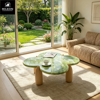 Table basse en marbre vert trèfle à quatre feuilles, pierre naturelle de luxe avec pieds en bois massif, table centrale pour salon