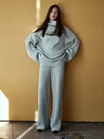 Blubelle Nouvel ensemble 2 pièces pour femme : pull côtelé à col roulé et pantalon large, en tissu doux, coupe ample, automne-hiver, décontracté, couleur unie